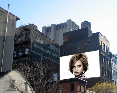Mainosjuliste kohtauksen rakennus New Yorkissa USA