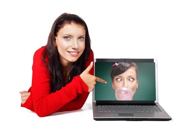 女の子の顔とパソコン フォトモンタージュ