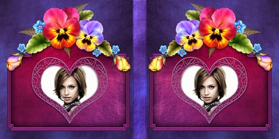 Violetinis knygos viršelis su gėlėmis ir širdelėmis Fotomontažas