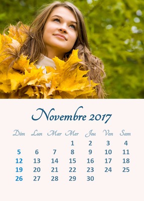 Календарь на ноябрь 2017 года с настраиваемой фотографией (доступно несколько языков) Фотомонтаж