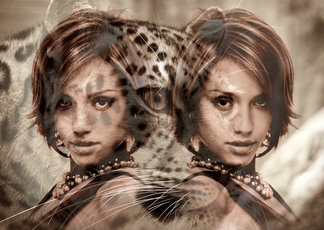 Spiegelfoto mit Jaguar im Hintergrund Fotomontage