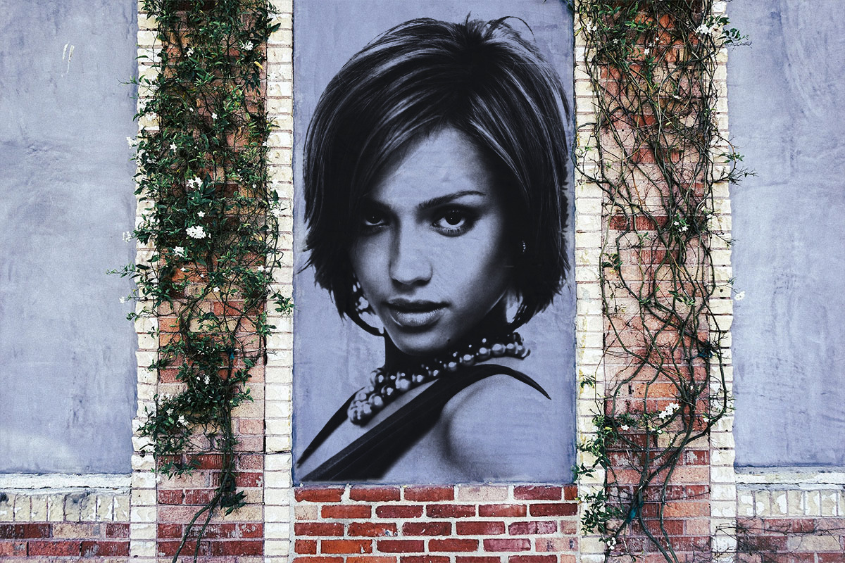Portret gedrukt op een muur Fotomontage