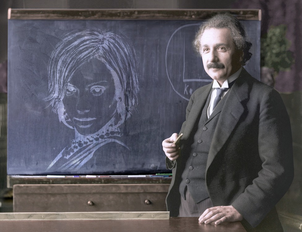 Tegning om bord med Albert Einstein Fotomontasje