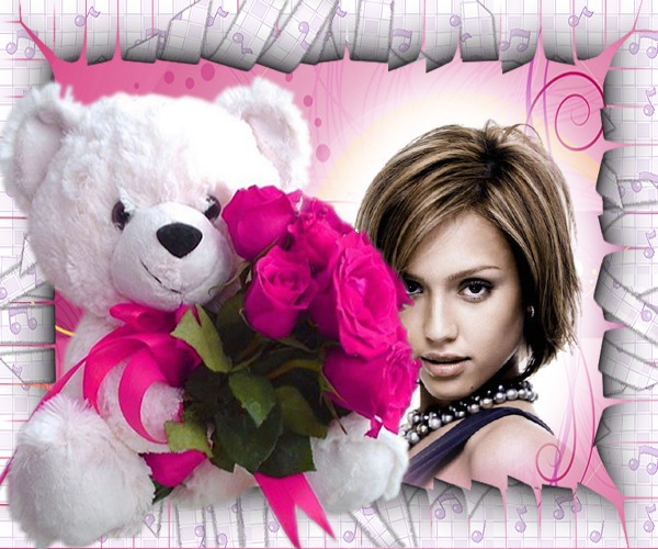 Teddy bear dengan karangan bunga mawar Photomontage
