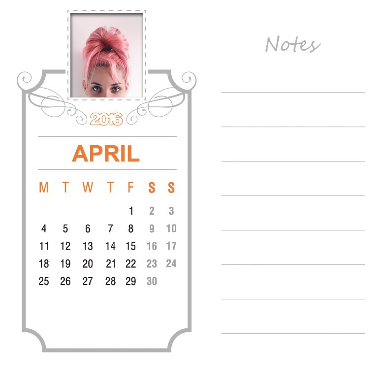 April 2016 calendar Photo frame effect