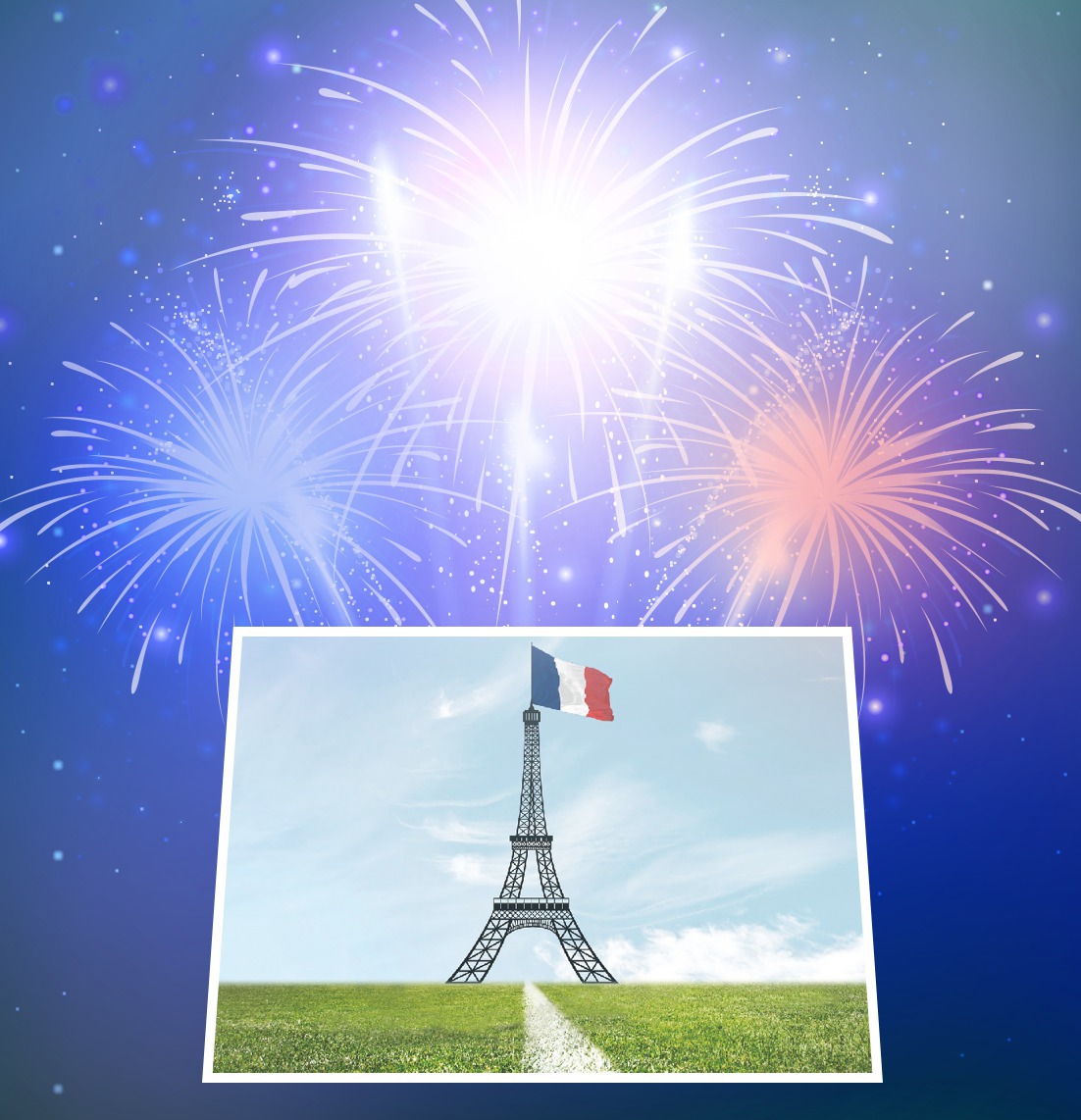 14. júl Ohňostroj na francúzsky národný deň Fotomontáž