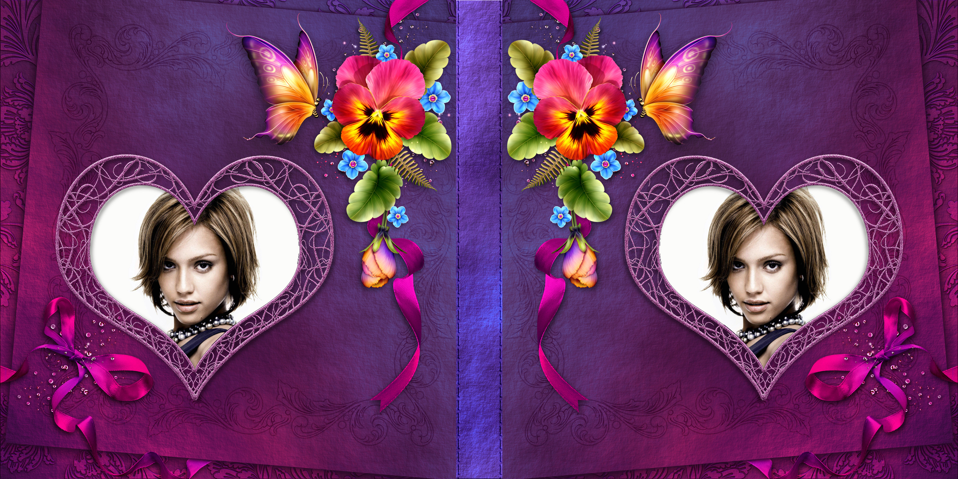 Copertina di libro viola con fiori, cuori e farfalle #4 Fotomontaggio