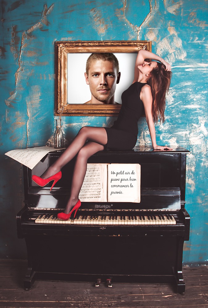 Ramka na zdjęcia z dziewczyną na pianinie i tekstem, który można dostosować Fotomontaż
