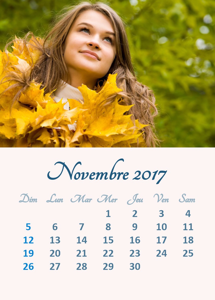 Календарь на ноябрь 2017 года с настраиваемой фотографией (доступно  несколько языков) Фотомонтаж | Pixiz