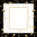 marco negro, festivo, confetis y estrellas doradas.
