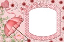 marco, sombrilla, flores y corazón rosados.
