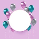 marco cumpleaños, globos perlados, fondo lila.