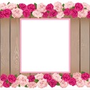 marco y rosas rosadas, fondo madera.