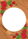 marco circular y rosas rojas, sobre madera.