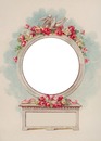 cómoda y espejo circular, detalle palomas y rosas.