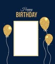 Happy Birthday, fondo azul y globos dorados.