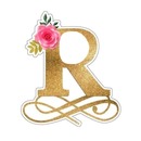 letra R dorada y flor rosada.