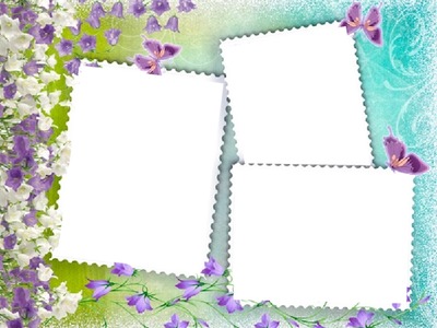 marco primaveral, flores y mariposas lila, 3 fotos. Montaje fotografico