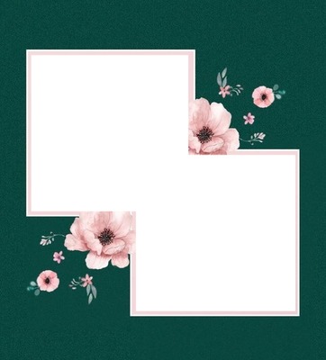 marco para dos fotos, fondo verde, flores rosadas. Фотомонтаж