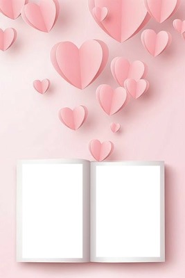 libro y corazones rosados, 2 fotos. Montaje fotografico