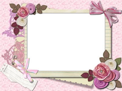 marco adornado con lindas rosas y lazos rosa. 1 foto Montaje fotografico