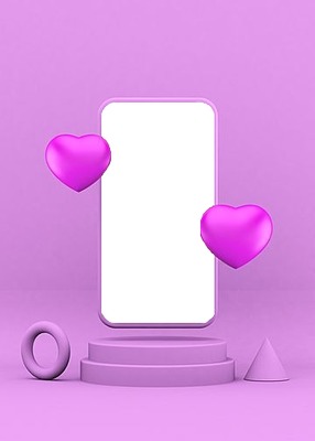 celular, corazones y fondo lila. Montaje fotografico