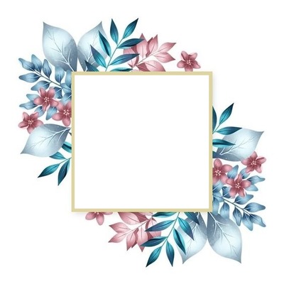 marco sobre hojas azules y flores. Photomontage