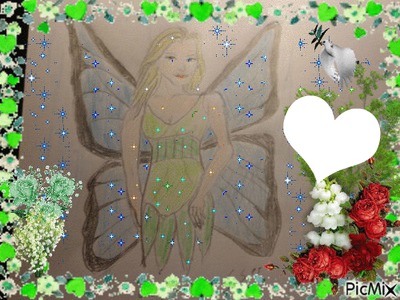 Une fée dessiné par Gino Gibilaro avec coeurs , colombe de la paix  , roses
