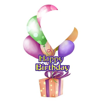 Happy Birthday, regalo y globos. Fotomontaža