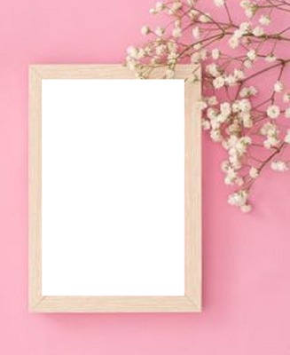 marco de madera, en pared rosada, para una foto. Фотомонтаж
