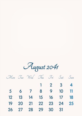 August 2041 // 2019 to 2046 // VIP Calendar // Basic Color // English Фотомонтаж
