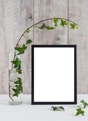 marco y florero con hojas verdes. Photomontage