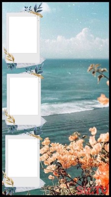 collage 3 fotos, fondo playa. Fotomontaggio