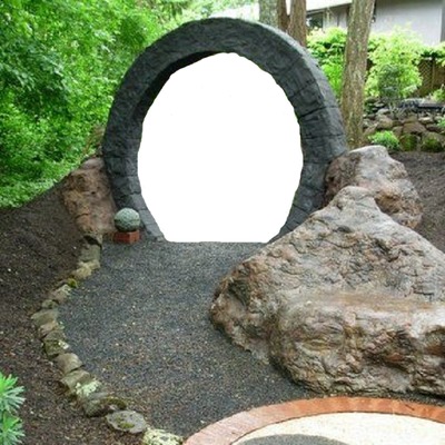 Portal de piedra, lindo paisaje, 1 foto Фотомонтажа