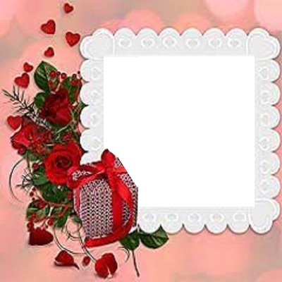 marco, rosas rojas y regalo. Fotomontaggio