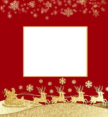 marco navideño, trineo Noel dorado. Montaje fotografico
