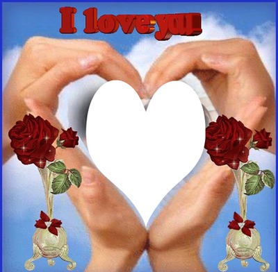 I Love You avec mains qui forment un coeur et 2 roses  1 photo Fotomontaža