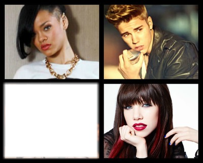 Rihanna, Justin Bieber, Carly Rae Jepsen. Montage photo