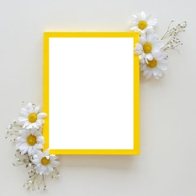 marco amarillo, adornado con flores, una foto. Montage photo