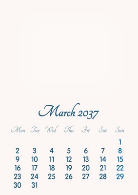 March 2037 // 2019 to 2046 // VIP Calendar // Basic Color // English Photo frame effect