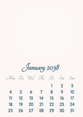 January 2038 // 2019 to 2046 // VIP Calendar // Basic Color // English Fotomontaža