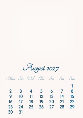 August 2027 // 2019 to 2046 // VIP Calendar // Basic Color // English