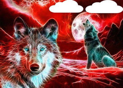 2 loups avec reflet rouge 2 photos Fotomontage