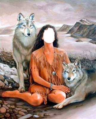 Native American Girl "Face" with Wolves Φωτομοντάζ