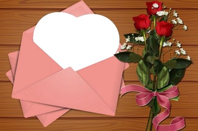 tarjeta corazón y ramo de rosas rojas. Fotómontázs