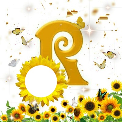 Letra R, amarilla, entre girasoles, 1 foto Valokuvamontaasi