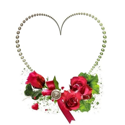 corazón de perlas y rosas rojas. Photo frame effect