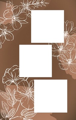 collage 3 fotos, fondo marrón y flores. Fotomontasje