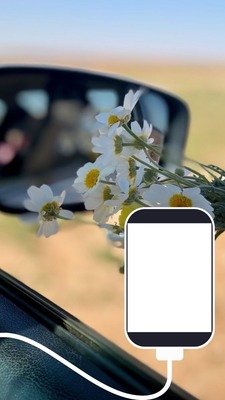 celular y flores. Photo frame effect