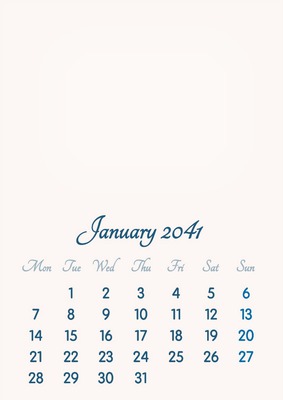 January 2041 // 2019 to 2046 // VIP Calendar // Basic Color // English Photomontage